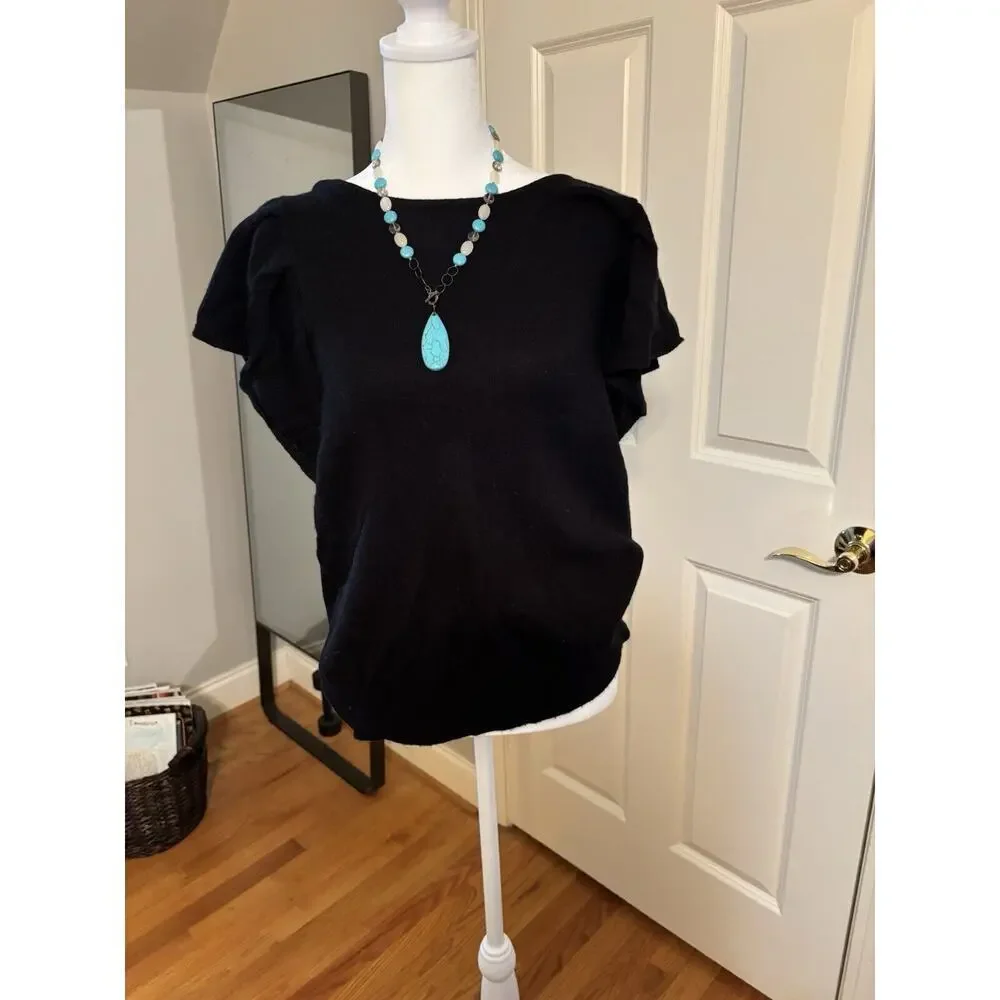 Anthropologie‎ Robin Black Flutter Ruffle Sleeve Knit Sweater Top Size L